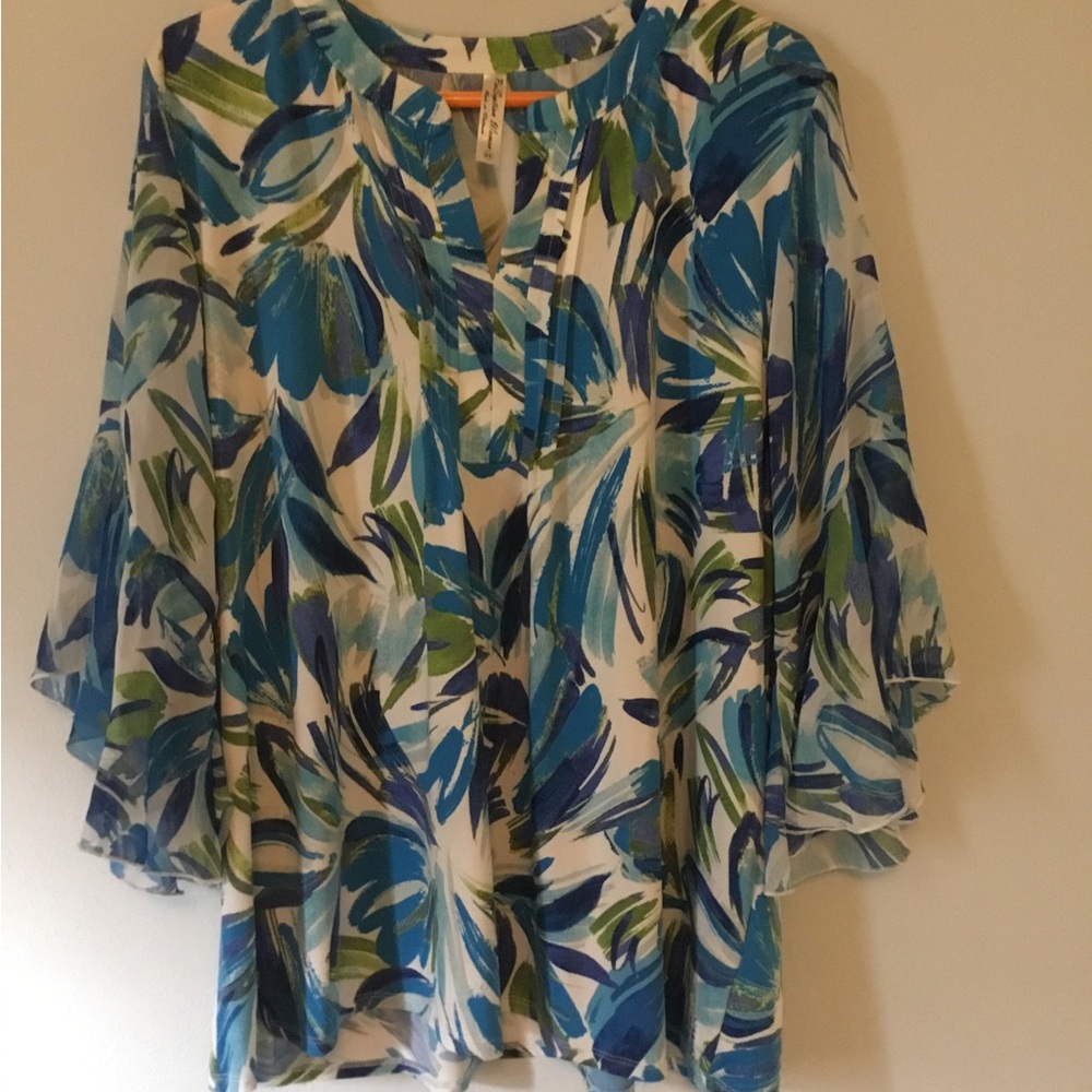 Perseption Blue & Green Floral Tunic Blouse